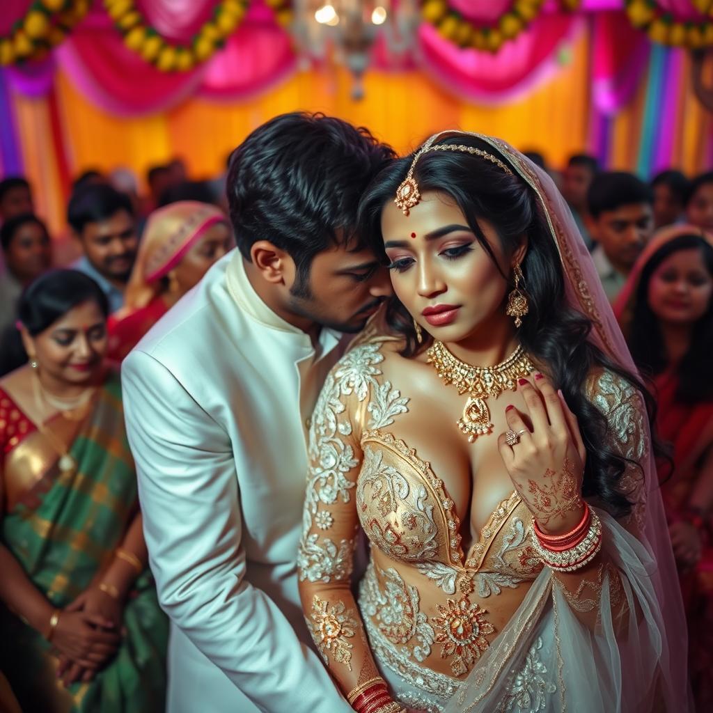 A tense and dramatic scene set during a vibrant Indian wedding ceremony, featuring a bride in a stunning wedding dress that has deep cleavage and intricately designed details, revealing her navel