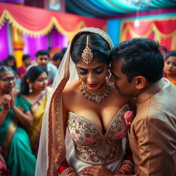 A tense and dramatic scene set during a vibrant Indian wedding ceremony, featuring a bride in a stunning wedding dress that has deep cleavage and intricately designed details, revealing her navel