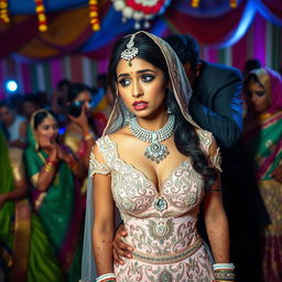 A tense and dramatic scene set during a vibrant Indian wedding ceremony, featuring a bride in a stunning wedding dress that has deep cleavage and intricately designed details, revealing her navel