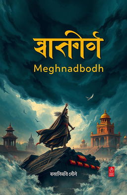 A stunning and artistic book cover design for the Bengali novel 'মেঘনাদবধ' (Meghnadbodh)