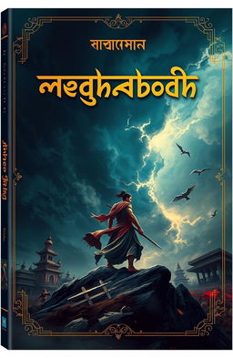 A stunning and artistic book cover design for the Bengali novel 'মেঘনাদবধ' (Meghnadbodh)