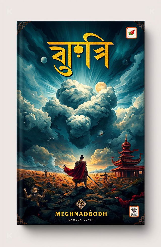 A stunning and artistic book cover design for the Bengali novel 'মেঘনাদবধ' (Meghnadbodh)