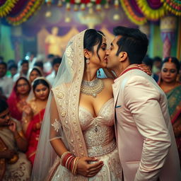 A secretive and passionate moment during an Indian wedding ceremony, featuring a bride in an elaborate wedding dress with deep cleavage and intricate embroidery, revealing her navel