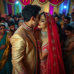 A secretive and passionate moment during an Indian wedding ceremony, featuring a bride in an elaborate wedding dress with deep cleavage and intricate embroidery, revealing her navel