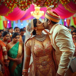 A secretive and passionate moment during an Indian wedding ceremony, featuring a bride in an elaborate wedding dress with deep cleavage and intricate embroidery, revealing her navel