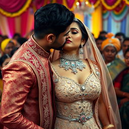 A secretive and passionate moment during an Indian wedding ceremony, featuring a bride in an elaborate wedding dress with deep cleavage and intricate embroidery, revealing her navel