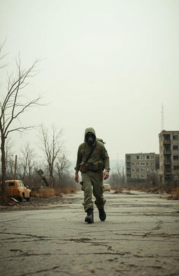 A lone traveler walking through a desolate landscape affected by nuclear fallout