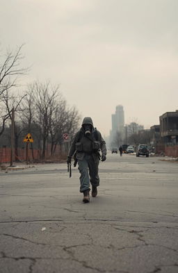 A lone traveler walking through a desolate landscape affected by nuclear fallout