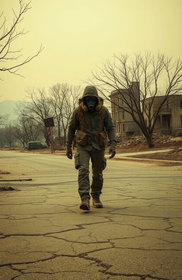 A lone traveler walking through a desolate landscape affected by nuclear fallout