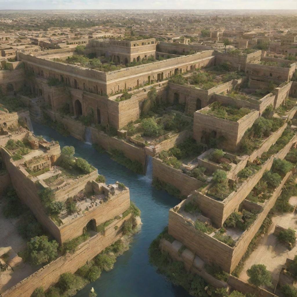 A beautiful full-scale view of the ancient city Babylon, with its hanging gardens, towering walls, and bustling marketplace.