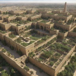 A beautiful full-scale view of the ancient city Babylon, with its hanging gardens, towering walls, and bustling marketplace.