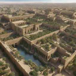 A beautiful full-scale view of the ancient city Babylon, with its hanging gardens, towering walls, and bustling marketplace.