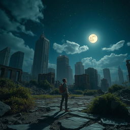 A lone traveler standing amidst the ruins of a city at night, illuminated by a starry sky