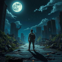 A lone traveler standing amidst the ruins of a city at night, illuminated by a starry sky