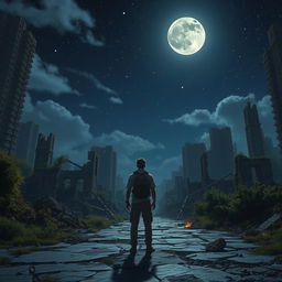 A lone traveler standing amidst the ruins of a city at night, illuminated by a starry sky