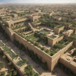 A beautiful full-scale view of the ancient city Babylon, with its hanging gardens, towering walls, and bustling marketplace.