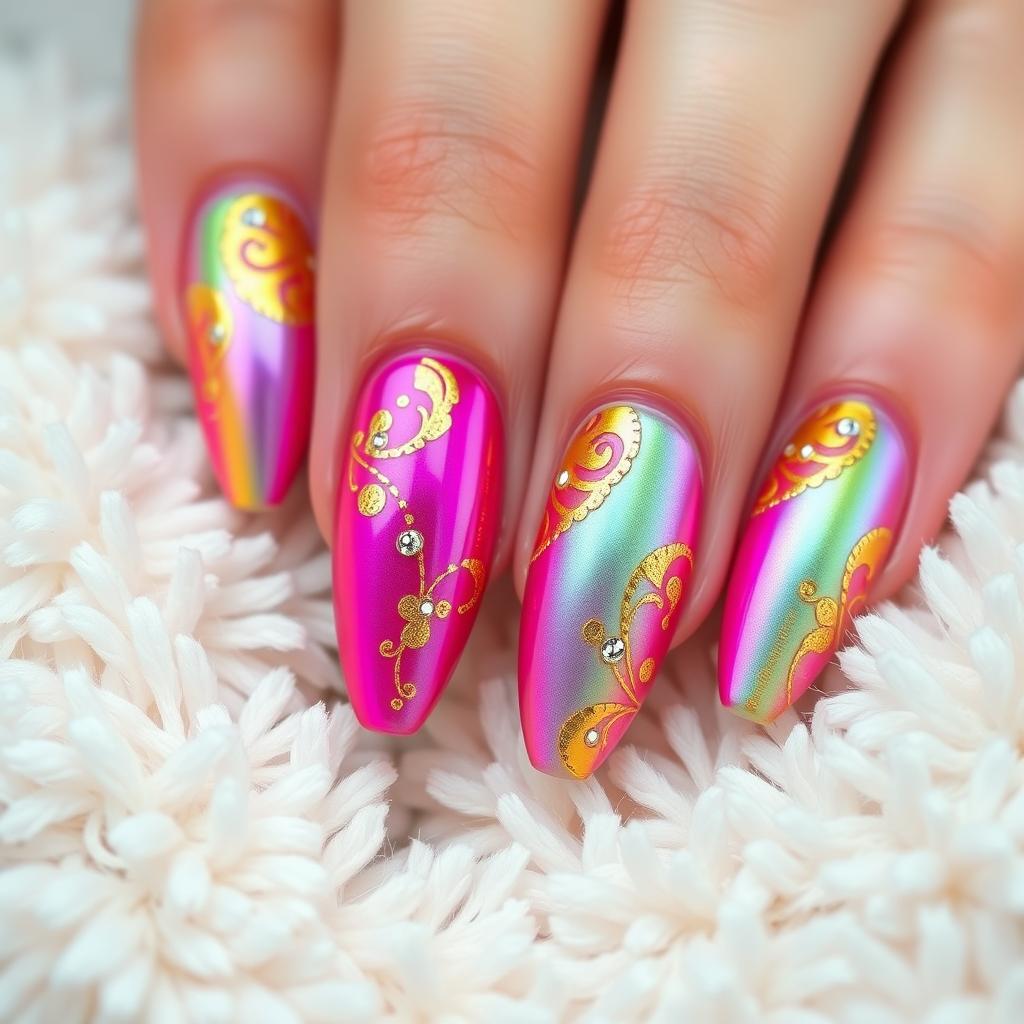 A stunning close-up of elegantly manicured nails with a glossy, colorful nail polish finish