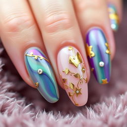A stunning close-up of elegantly manicured nails with a glossy, colorful nail polish finish