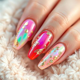 A stunning close-up of elegantly manicured nails with a glossy, colorful nail polish finish