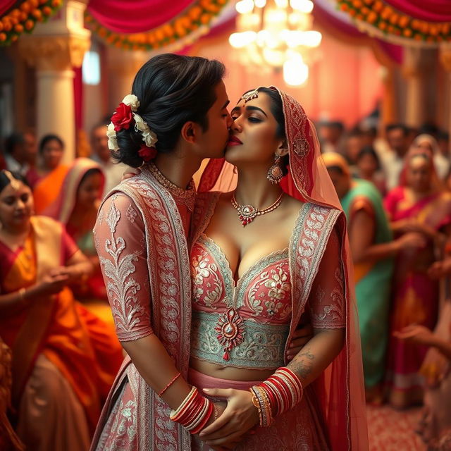 A secret emotional moment during an Indian wedding ceremony, featuring a bride in an exquisite wedding dress with deep cleavage and intricate patterns, revealing her navel