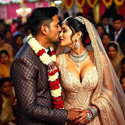 A secret emotional moment during an Indian wedding ceremony, featuring a bride in an exquisite wedding dress with deep cleavage and intricate patterns, revealing her navel