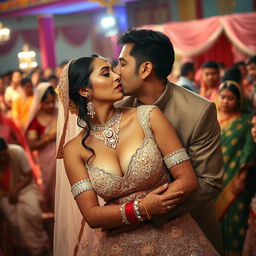 A secret emotional moment during an Indian wedding ceremony, featuring a bride in an exquisite wedding dress with deep cleavage and intricate patterns, revealing her navel