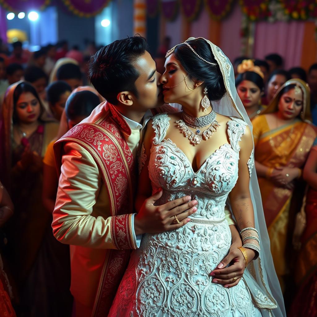 A secret emotional moment during an Indian wedding ceremony, featuring a bride in an exquisite wedding dress with deep cleavage and intricate patterns, revealing her navel