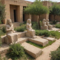 The ancient city of Babylon teeming with citizens reverently worshipping various statues amidst the hanging gardens, formidable walls, and active marketplace.