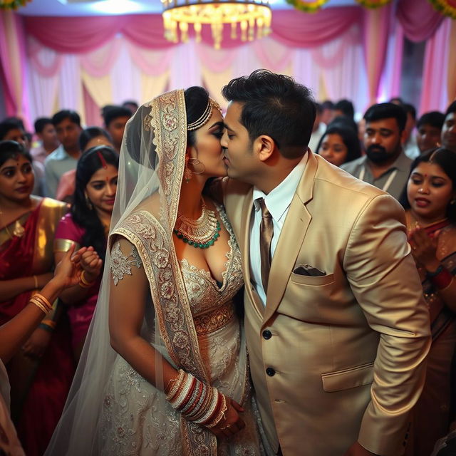 A clandestine moment during an Indian wedding ceremony, capturing a bride in a stunning wedding dress with deep cleavage and intricate designs that reveal her navel