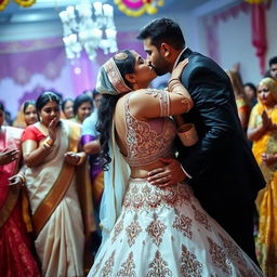 A clandestine moment during an Indian wedding ceremony, capturing a bride in a stunning wedding dress with deep cleavage and intricate designs that reveal her navel