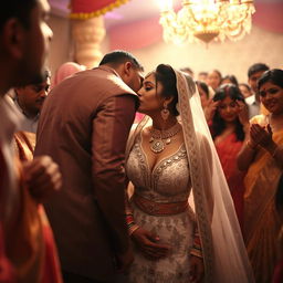 A clandestine moment during an Indian wedding ceremony, capturing a bride in a stunning wedding dress with deep cleavage and intricate designs that reveal her navel
