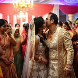 A clandestine moment during an Indian wedding ceremony, capturing a bride in a stunning wedding dress with deep cleavage and intricate designs that reveal her navel