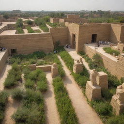 The ancient city of Babylon teeming with citizens reverently worshipping various statues amidst the hanging gardens, formidable walls, and active marketplace.