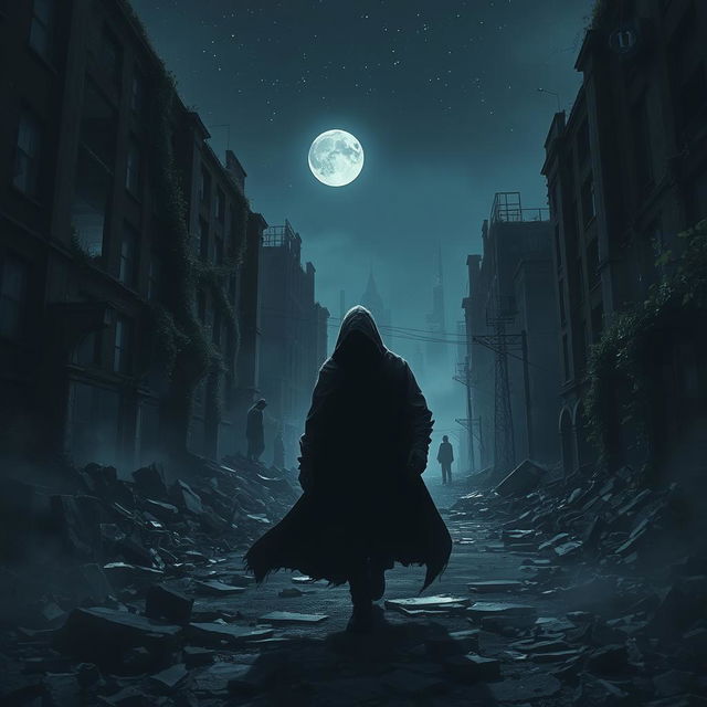 A mysterious hooded figure navigating through a ruined city at night