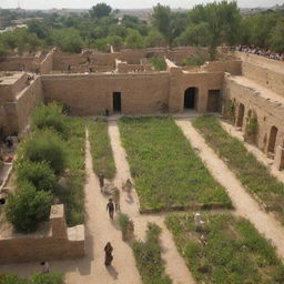 The ancient city of Babylon teeming with citizens reverently worshipping various statues amidst the hanging gardens, formidable walls, and active marketplace.