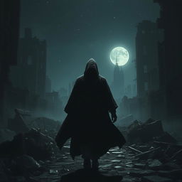 A mysterious hooded figure navigating through a ruined city at night