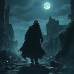 A mysterious hooded figure navigating through a ruined city at night