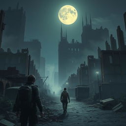 A lone traveler wandering through a ruined city at night