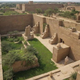 The ancient city of Babylon teeming with citizens reverently worshipping various statues amidst the hanging gardens, formidable walls, and active marketplace.