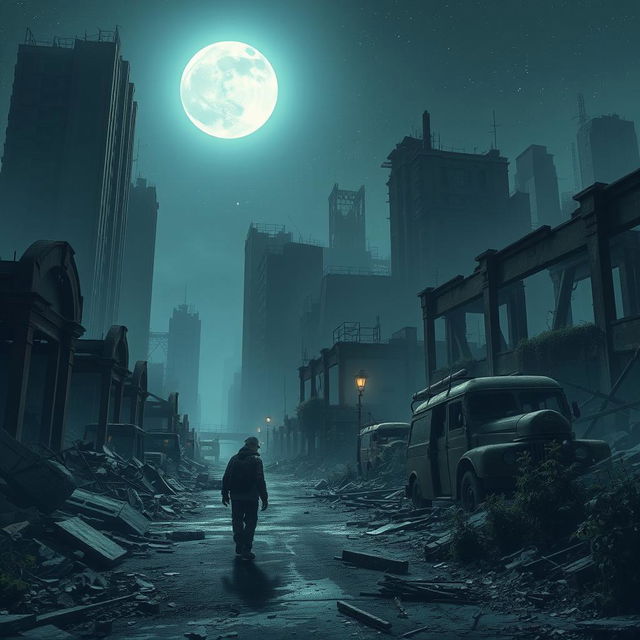 A lone traveler wandering through a ruined city at night