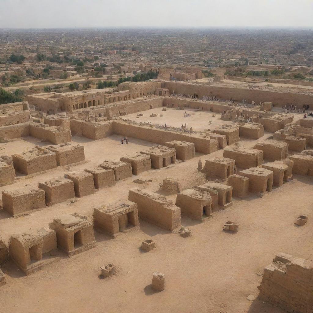 A view of the ancient city of Babylon where every inhabitant is engrossed in the worship of various statues, set against the backdrop of the city's prominent features.