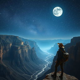 A lone traveler standing at the edge of a vast canyon valley under a mesmerizing night sky