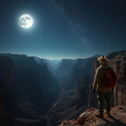 A lone traveler standing at the edge of a vast canyon valley under a mesmerizing night sky