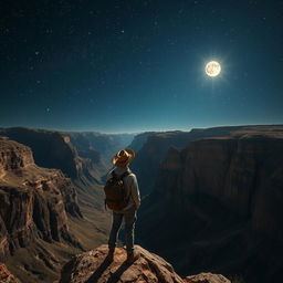 A lone traveler standing at the edge of a vast canyon valley under a mesmerizing night sky