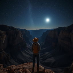 A lone traveler standing at the edge of a vast canyon valley under a mesmerizing night sky