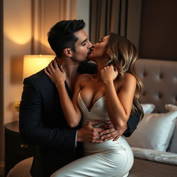 A sensual and intimate scene in a luxurious hotel room, featuring a confident and alluring woman captivates attention with her passionate demeanor