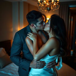A sensual and intimate scene in a luxurious hotel room, featuring a confident and alluring woman captivates attention with her passionate demeanor