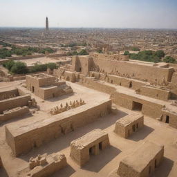 A view of the ancient city of Babylon where every inhabitant is engrossed in the worship of various statues, set against the backdrop of the city's prominent features.