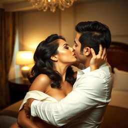 An intimate and passionate scene set in a luxurious hotel room, featuring a confident and alluring woman at the center of attention