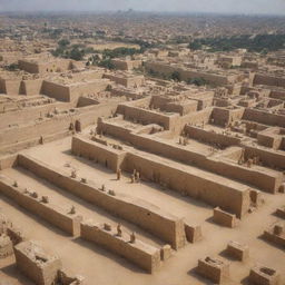 A view of the ancient city of Babylon where every inhabitant is engrossed in the worship of various statues, set against the backdrop of the city's prominent features.